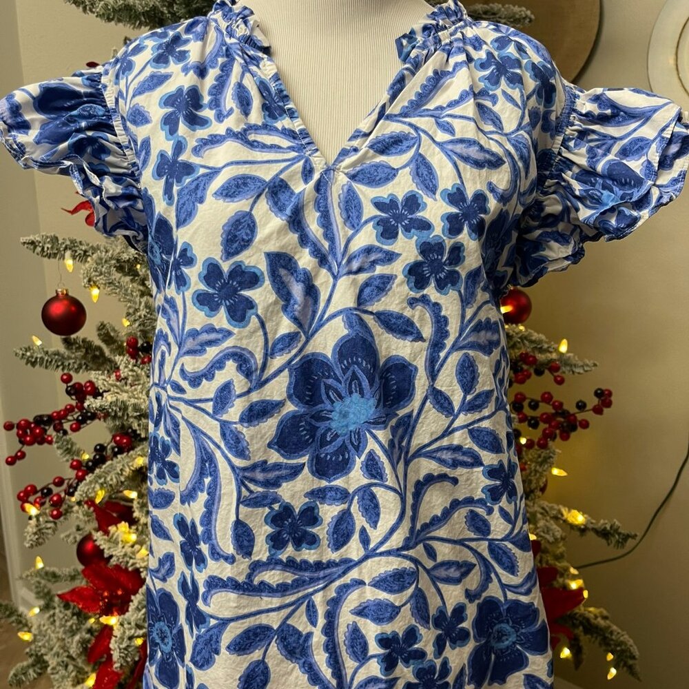 Sugar Lips Blue White Floral Ruffle Blouse Size XL